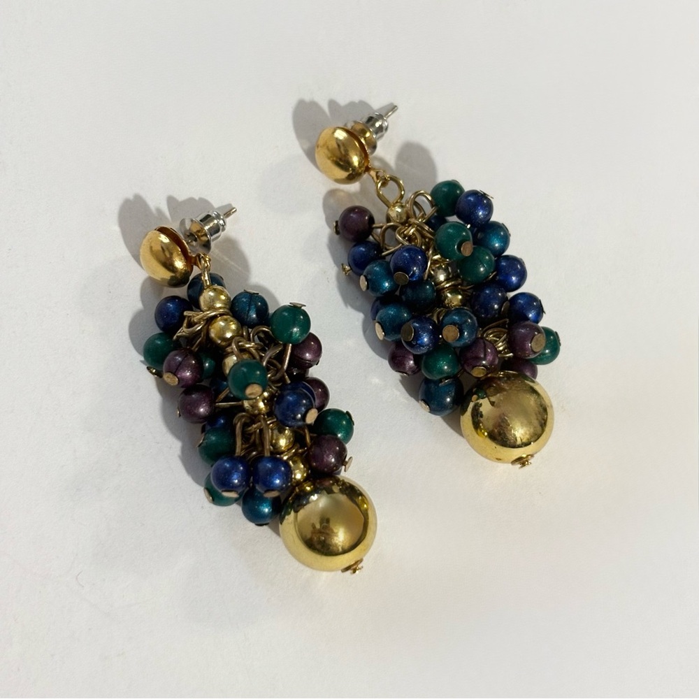 Vintage Gold Tone Cluster Beaded Purple Green Blue Dangle Post Earrings